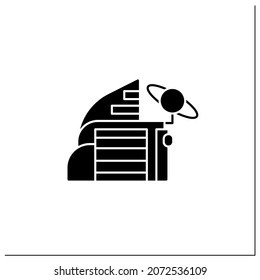 Space center glyph icon. Research and development cosmos issue. Special place observing cosmos.Mars landing concept.Filled flat sign. Isolated silhouette vector illustration