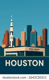 The Space Center in Houston is seen from above, with the city’s skyline in the background, offering a unique perspective of this iconic science and space exploration landmark
