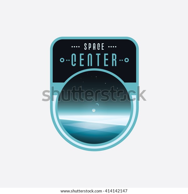 Space center logo badge with universe\
vector illustration. Outer space concept theme\
