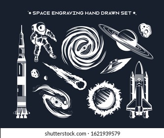 Space chalk drawn set of isolated engraving cosmic elements on black background hand drawn vector illustration 