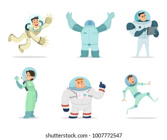 Space characters. Mascots of astronauts in cartoon style. Astronaut character and spaceman cartoon, cosmonaut cosmic explorer, vector illustration