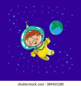Space child cartoon astronaut, vector character illustration. Baby spaceman in space far away from Eath. Boys dreamy. Space dreamland. Boy space suit. Smile kid astronaut. 