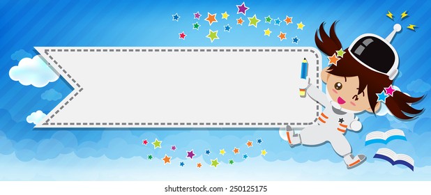 Space child cartoon and Cloud and blue sky vector background