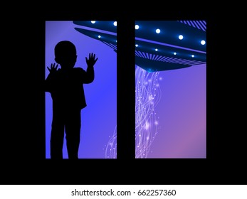 Space and the child looking out the window at the UFO. An illustration for your design