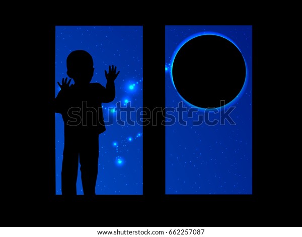 Space and the child looking\
out the window at the lunar eclipse. Illustration for your\
design.