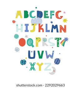 Space childish alphabet. Cute poster or print. Vector hand drawn illustration.	