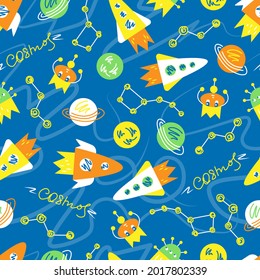 Space. Childish seamless pattern with rockets, constellations, planets and aliens. Cartoon vector background for kids