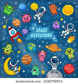 Espacio para niños. Astronautas de dibujos animados en la galaxia. Conjunto de elementos cósmicos.  Fondo del espacio colorido con cosmonautas, planetas, estrellas, extraterrestres y monstruos. Ilustración del vector