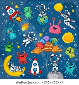 Espacio para niños. Astronautas de dibujos animados en la galaxia. Conjunto de elementos cósmicos.  Fondo del espacio colorido con cosmonautas, planetas, estrellas, extraterrestres y monstruos. Ilustración del vector