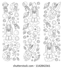 Space for children. Coloring page, book. Kids and cosmos exploration. Adventures, planets, stars. Earth and Moon. Rocket, shuttle, sun.