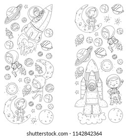 Space for children. Coloring page, book. Kids and cosmos exploration. Adventures, planets, stars. Earth and Moon. Rocket, shuttle, sun.
