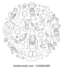 Space for children. Coloring page, book. Kids and cosmos exploration. Adventures, planets, stars. Earth and Moon. Rocket, shuttle, sun.