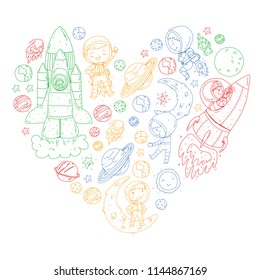Space for children. Coloring page, book. Kids and cosmos exploration. Adventures, planets, stars. Earth and Moon. Rocket, shuttle, sun.