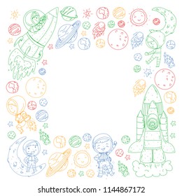 Space for children. Coloring page, book. Kids and cosmos exploration. Adventures, planets, stars. Earth and Moon. Rocket, shuttle, sun.