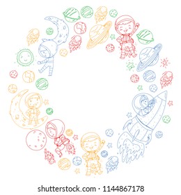 Space for children. Coloring page, book. Kids and cosmos exploration. Adventures, planets, stars. Earth and Moon. Rocket, shuttle, sun.