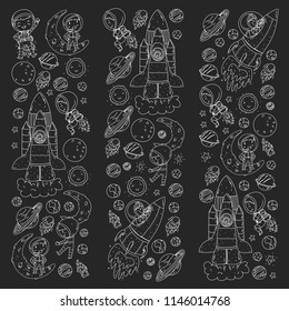 Space for children. Coloring page, book. Kids and cosmos exploration. Adventures, planets, stars. Earth and Moon. Rocket, shuttle, sun.