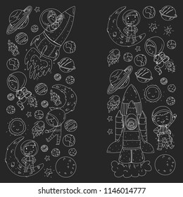 Space for children. Coloring page, book. Kids and cosmos exploration. Adventures, planets, stars. Earth and Moon. Rocket, shuttle, sun.