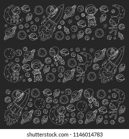 Space for children. Coloring page, book. Kids and cosmos exploration. Adventures, planets, stars. Earth and Moon. Rocket, shuttle, sun.