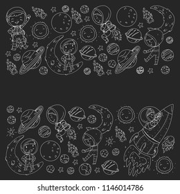 Space for children. Coloring page, book. Kids and cosmos exploration. Adventures, planets, stars. Earth and Moon. Rocket, shuttle, sun.