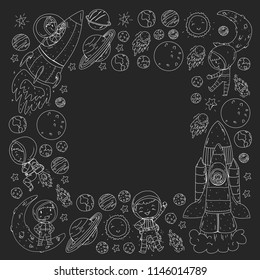 Space for children. Coloring page, book. Kids and cosmos exploration. Adventures, planets, stars. Earth and Moon. Rocket, shuttle, sun.