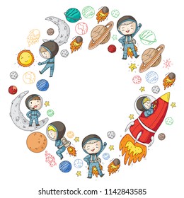 Space for children. Kids and cosmos exploration. Adventures, planets, stars. Earth and Moon. Rocket, shuttle, sun.