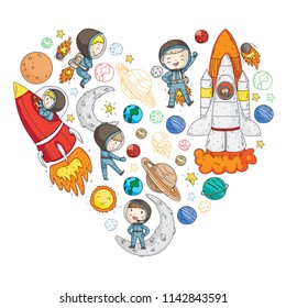 Space for children. Kids and cosmos exploration. Adventures, planets, stars. Earth and Moon. Rocket, shuttle, sun.