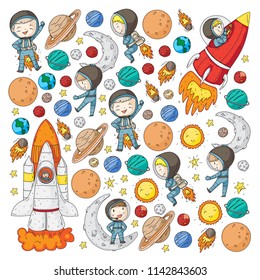 Space for children. Kids and cosmos exploration. Adventures, planets, stars. Earth and Moon. Rocket, shuttle, sun.