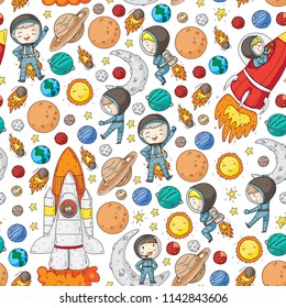 Space for children. Kids and cosmos exploration. Adventures, planets, stars. Earth and Moon. Rocket, shuttle, sun.