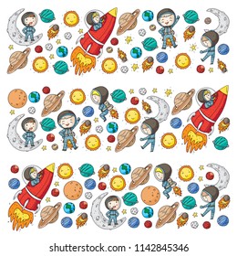 Space for children. Kids and cosmos exploration. Adventures, planets, stars. Earth and Moon. Rocket, shuttle, sun.