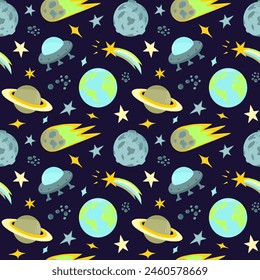 Space for children. Planets, stars, alien ship. Seamless pattern for textiles, pajamas, wallpaper, children's room