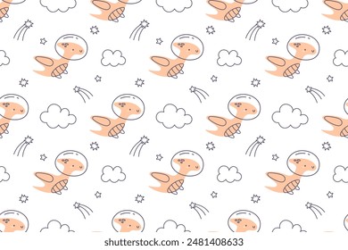 Space Childrens dinosaurs pattern. Seamless white vector cosmic print with dinosaurs and stars for baby. Illustration of astronaut dino, kids background with cosmic dino. Scandinavian space pattern