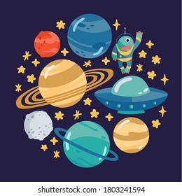 Space children's poster with planets, ufo, alien in cartoon style. Cute concept for kids print. Illustration for design kids room postcard, textiles. Vector