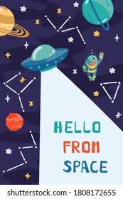 Space children's poster with planets, ufo, cosmonaut, alien and lettering Hello from space in cartoon style. Cute concept for kids print. Illustration for design kids room . Vector