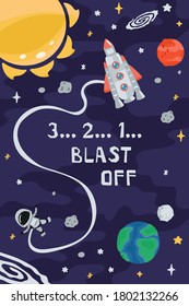 Weltraum-Kinderplakat mit Rakete, Planeten, Kosmonaut und Schrift 3,2,1 explodiert im Cartoon-Stil. Cute Konzept für Kinder drucken. Illustration für Design-Kinderzimmer Postkarte, Textilien. Vektorgrafik