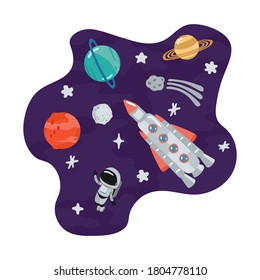 Space children's poster with rocket, planets, cosmonaut in cartoon style. Cute concept for kids print. Illustration for design kids room postcard, textiles. Vector