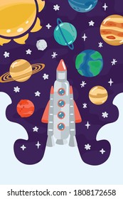 Space children's poster with rocket, planets in cartoon style. Cute concept for kids print. Illustration for design kids room postcard, textiles, apparel. Vector