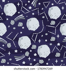 Space children's seamless pattern with planets, rocket in cartoon style. Cute texture for kids room design, Wallpaper, textiles, wrapping paper, apparel. Vector illustration