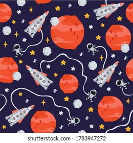 Space children's seamless pattern with planets, rocket in cartoon style. Cute texture for kids room design, Wallpaper, textiles, wrapping paper, apparel. Vector illustration