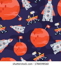 Space children's seamless pattern with planets, rocket in cartoon style. Cute texture for kids room design, Wallpaper, textiles, wrapping paper, apparel. Vector illustration