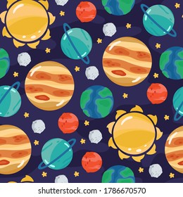 Space children's seamless pattern with planets, rocket in cartoon style. Cute texture for kids room design, Wallpaper, textiles, wrapping paper, apparel. Vector illustration