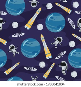 Space children's seamless pattern with planets, rocket in cartoon style. Cute texture for kids room design, Wallpaper, textiles, wrapping paper, apparel. Vector illustration