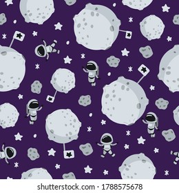 Patrón sin fisuras de los niños espaciales con planetas, cohete al estilo de las caricaturas. Textura de corte para el diseño de habitaciones para niños, Papel de escritorio, textiles, papel de envoltura, ropa. Ilustración del vector
