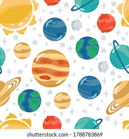 Space children's seamless pattern with planets, rocket in cartoon style. Cute texture for kids room design, Wallpaper, textiles, wrapping paper, apparel. Vector illustration