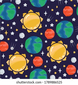 Space children's seamless pattern with planets, rocket in cartoon style. Cute texture for kids room design, Wallpaper, textiles, wrapping paper, apparel. Vector illustration