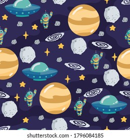 Space children's seamless pattern with planets, rocket in cartoon style. Cute texture for kids room design, Wallpaper, textiles, wrapping paper, apparel. Vector illustration