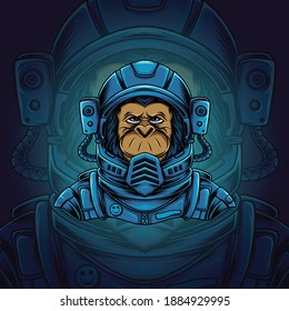 Space chimp illustration. Chimp astronaut vector