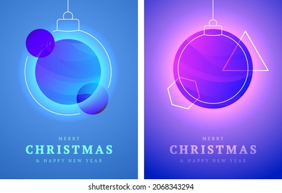 Space Christmas card set. Solar system planet as Christmas balls greeting card vector illustration. Christmas and New Year neon glowing banner decoration card