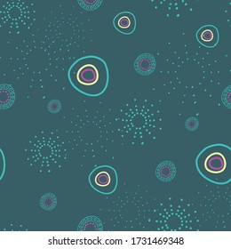 Space, circles and bursts of dots on teal background seamless vector repeat pattern surface design