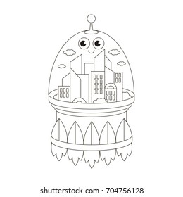 Space City cartoon. Outlined funny illustration with thin line black stroke