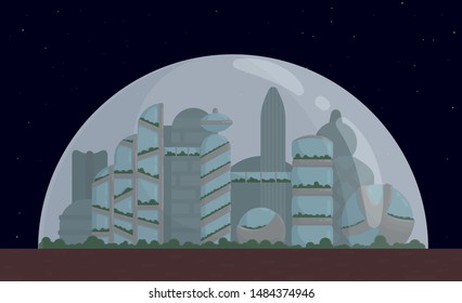 Space city, colony on Mars or Moon, for banner, postcard, screensaver